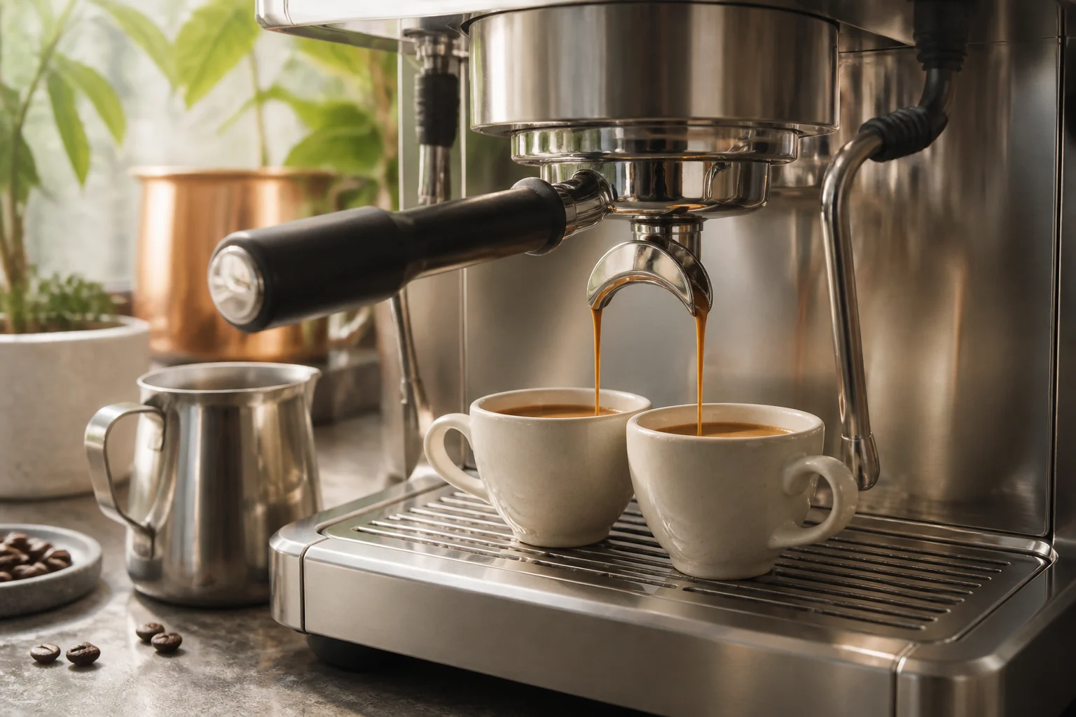 Two freshly brewed espressos beneath a polished coffee machine