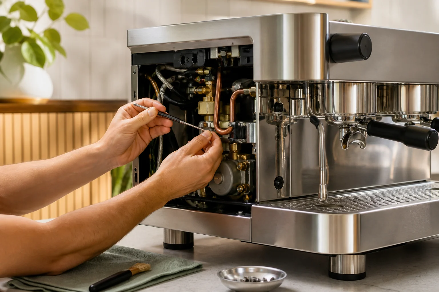 Technician carefully servicing the internal components of a coffee machine